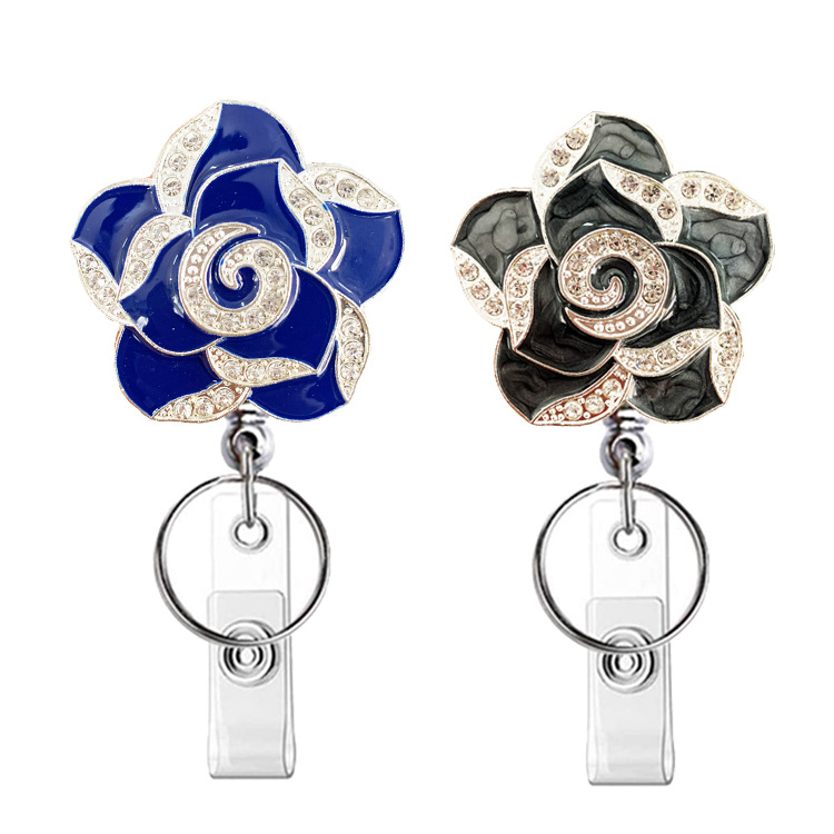 Picture of Silver Electroplating easy pull buckle metal color rhinestone drop oil rose Camellia retractable buckle easy pull ID buckle