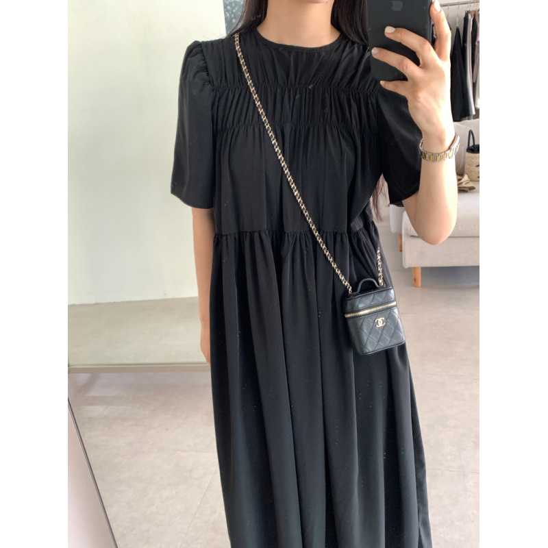 Korean Chic French Retro Gentle Style Simple Elegant Round Neck Pleated High Waist Slim Puff Sleeve Dress