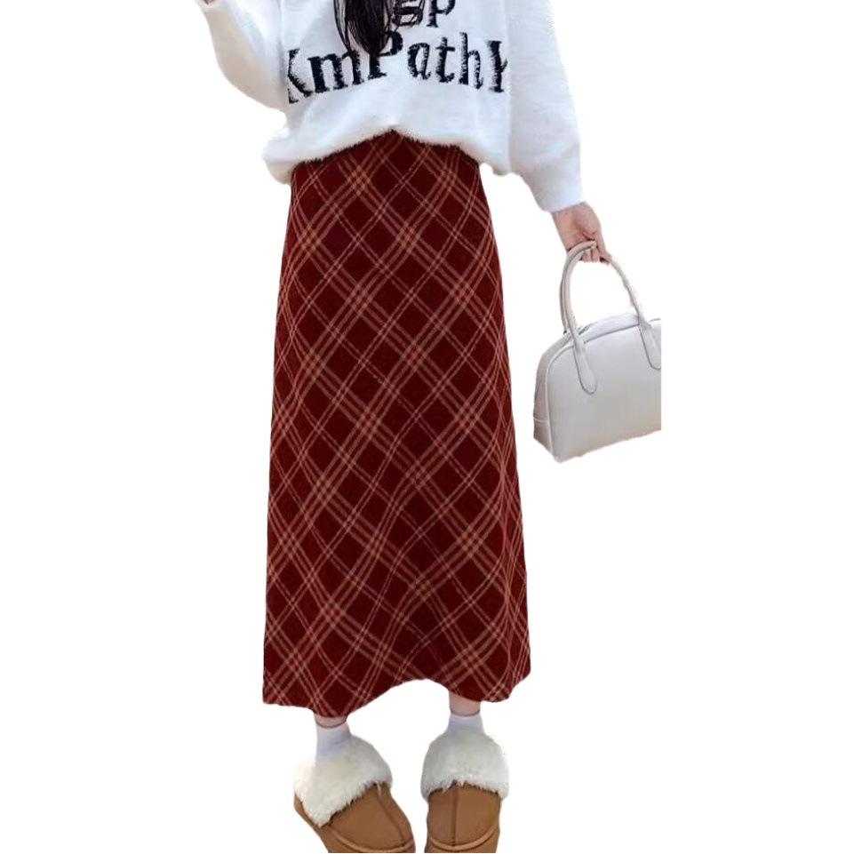 Autumn and Winter sheath woolen skirt for women plus size chubby girl straight Chanel style retro Annual Meeting casual red plaid skirt