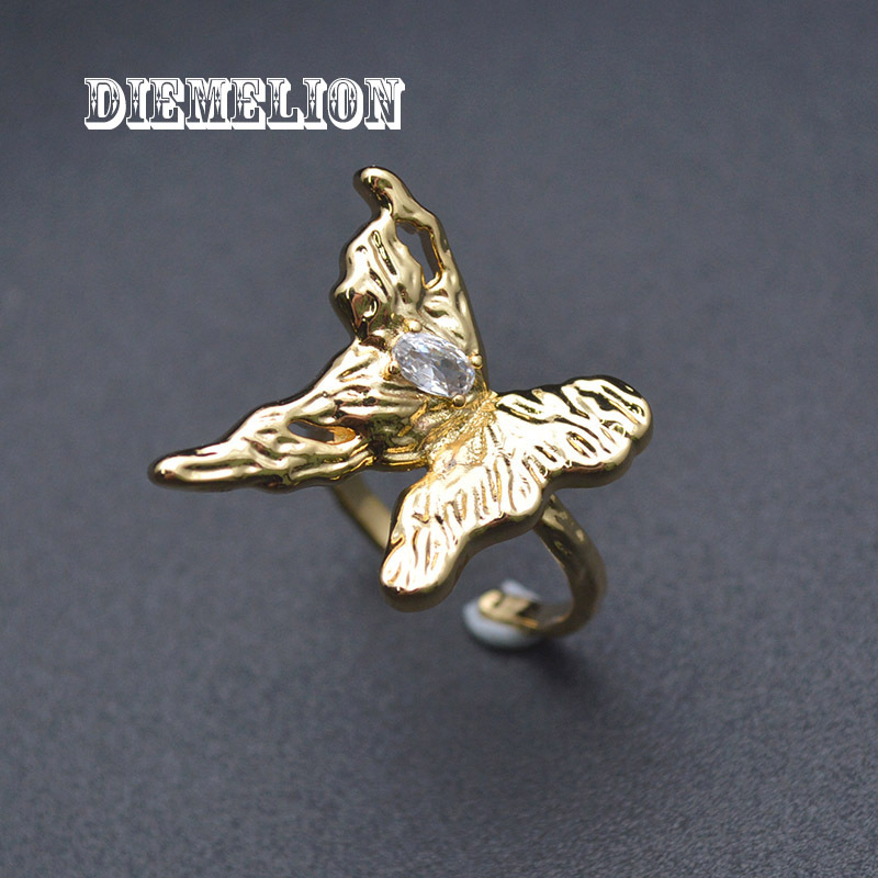 European and American trendy micro-inlaid zircon texture hammer butterfly ring copper plated real gold temperament high-grade ladies ring
