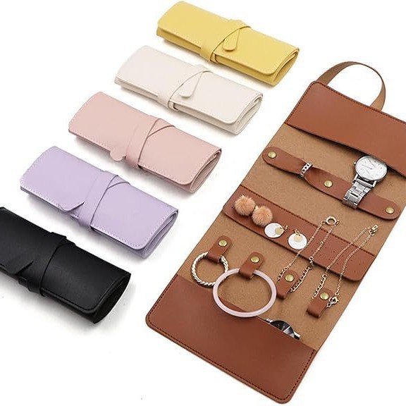 Fashion Leather Travel Jewelry Roll Bag Rugged Foldable Storage Box with Zipper Multiple Pocket Jewelry Bag