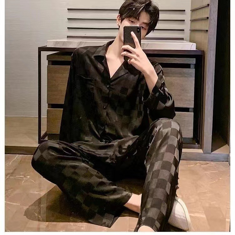 Spring and Summer Thin Imitation Silk Ice Silk Pajamas Men's Jacquard Cardigan Long Sleeve Trousers Plus Size Home Suit Men's Suit