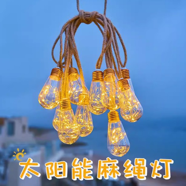 Cross-Border New Product Hemp Rope Light Outdoor Waterproof Solar Hemp Rope Bulb Light String Camping Style Atmosphere Decorative Light Led