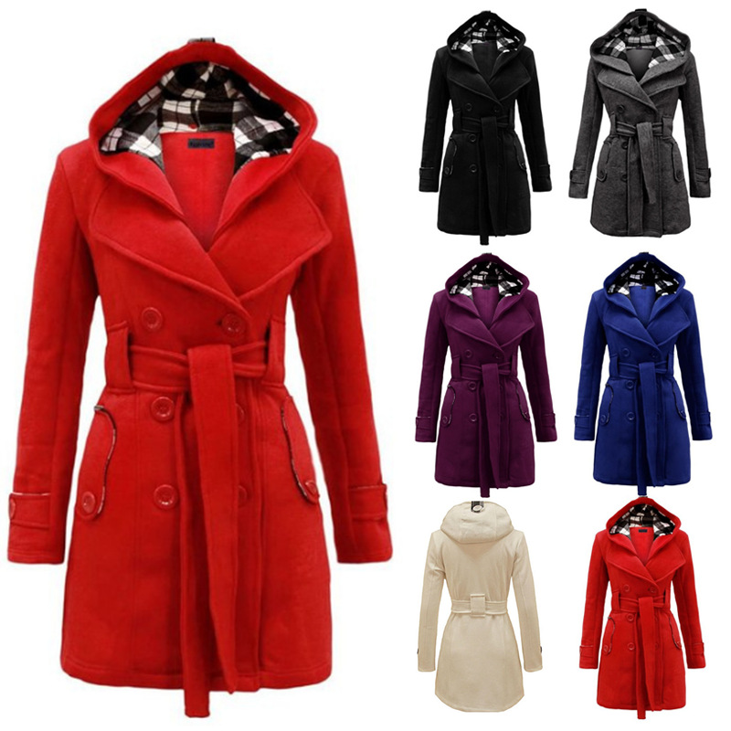 Picture of 2023 AliExpress EBAY Amazon New Plaid Hooded Tweed Coat Belt Double-breasted Mid-length Coat