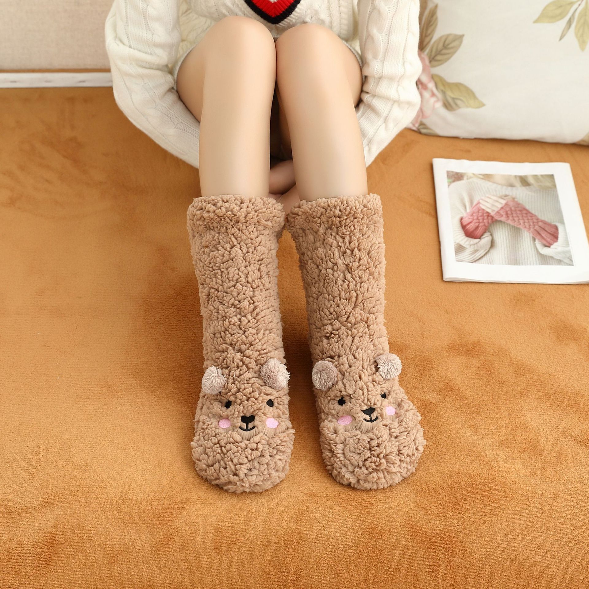 Lamb velvet bear cute embroidered cartoon coral velvet floor shoes plus velvet padded warm socks women's floor socks