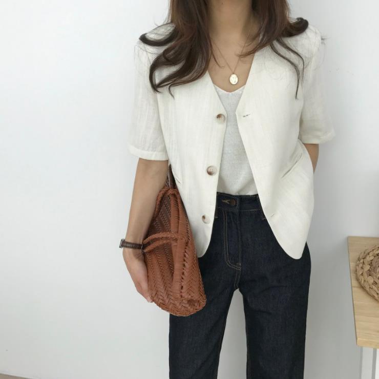 Picture of Korean Ins Short Small Suit Tops for Women 2024 Summer New Cotton and Linen Loose Short-Sleeved Tops Jacket