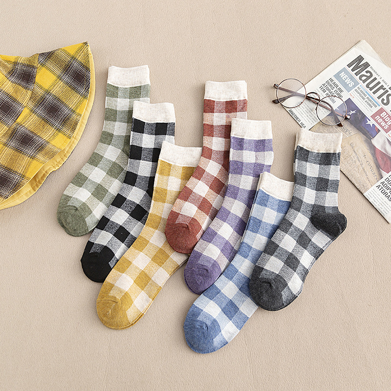 Black Plaid Mid-Socks Women's Korean-style Retro British-style Mori-style Academic-style Korean-style Trendy Japanese-style Cotton Socks