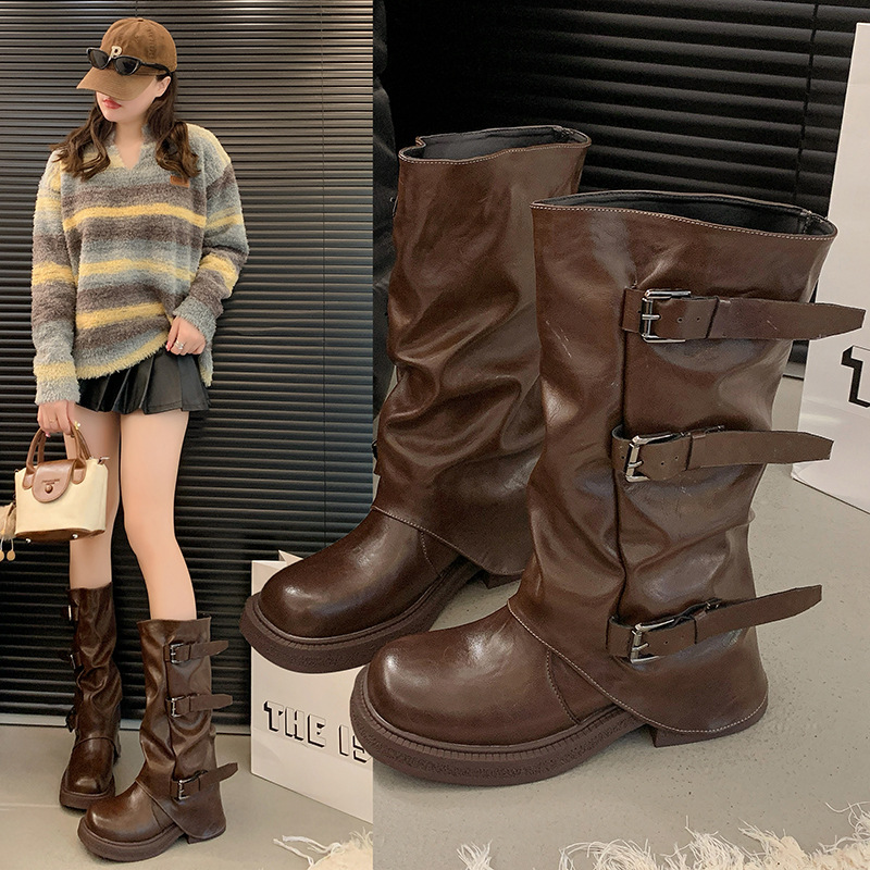 Internet celebrity belt buckle mid-leg boots women's boots autumn and winter new niche retro wasteland style pleated fashion trouser boots women