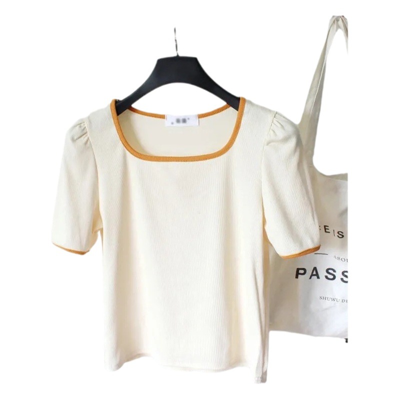 Shoulder Short-sleeved T-shirt 2024 Summer New Design Niche Square Collar All-match Western Ice Silk Thread Base Top