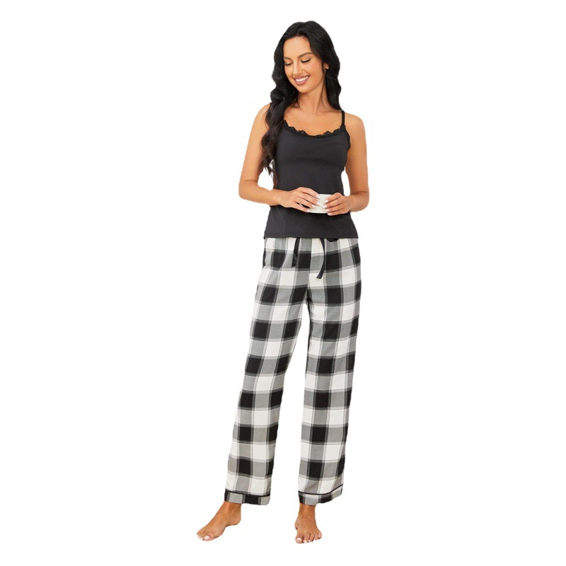European and American Cross-Border Suspender Pajamas for Women Summer Sleeveless Tops Plaid Pants Home Clothes Set Export Pajamas
