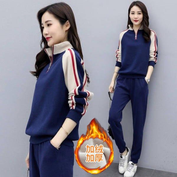 Autumn and Winter Casual Sports suit Women's New Korean-style Loose fleece-lined Thickened Long-sleeve Stitching Sweat Two-piece Sweat Pants Set