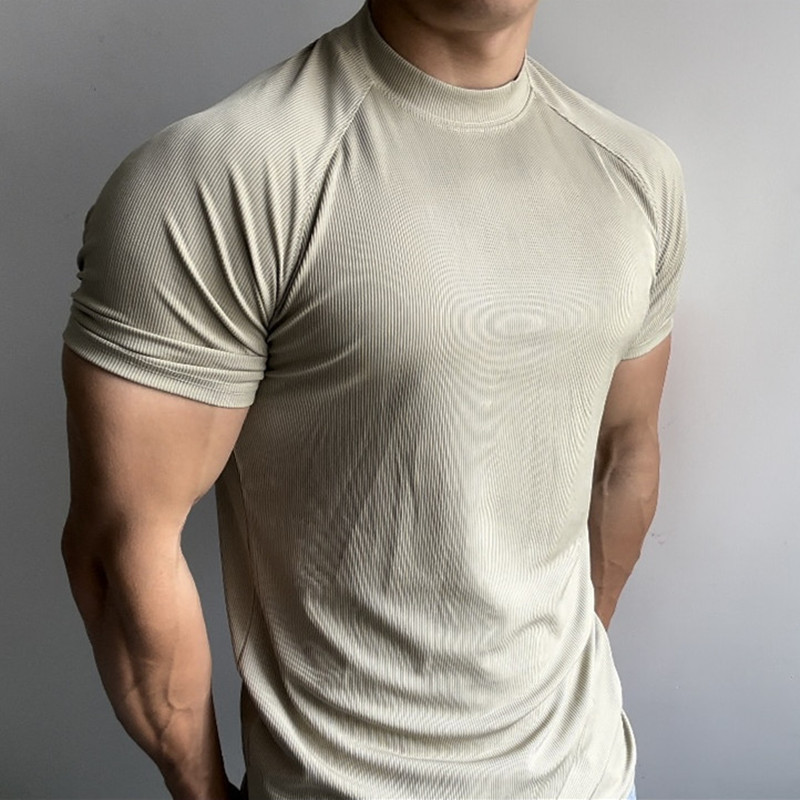 Summer Sports Outdoor Training Short-sleeved Men's Slim-fit Elastic Quick-drying Raglan Sleeves Small Collar T-shirt Solid Color Breathable Trendy