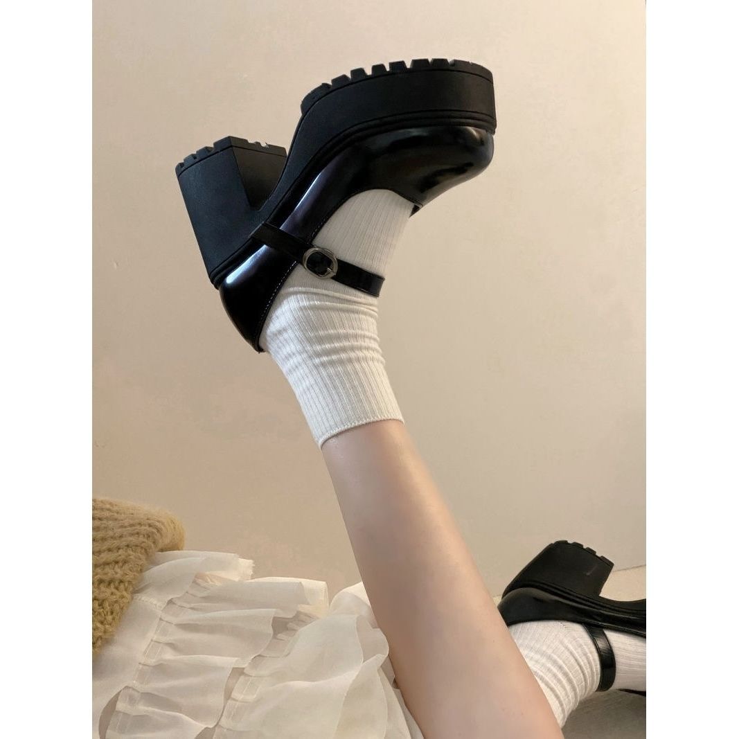 Black Single Shoes High Heels Women's 2023 Autumn New Japanese Style Dress Uniform British Academy Style Platform Bottom