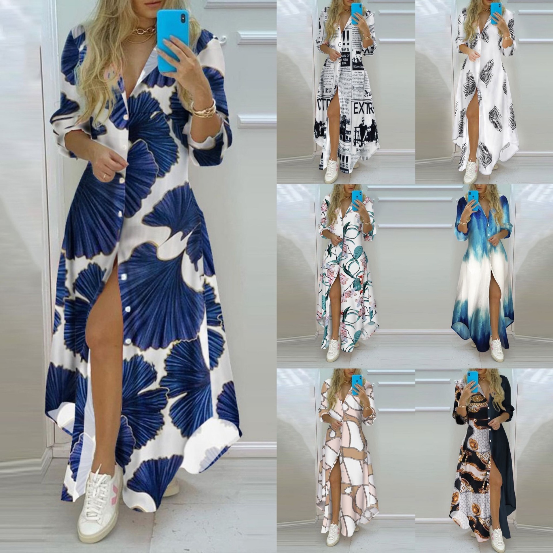 Cross-border Ins Internet Red European and American 11-color Printed Irregular Large Swing Shirt for dress Women