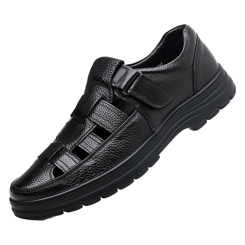 2024 Summer Casual Men's Hollow Hole Shoes Velcro Sandals Soft Sole Lightweight Breathable Walking Shoes for Middle-aged and Elderly