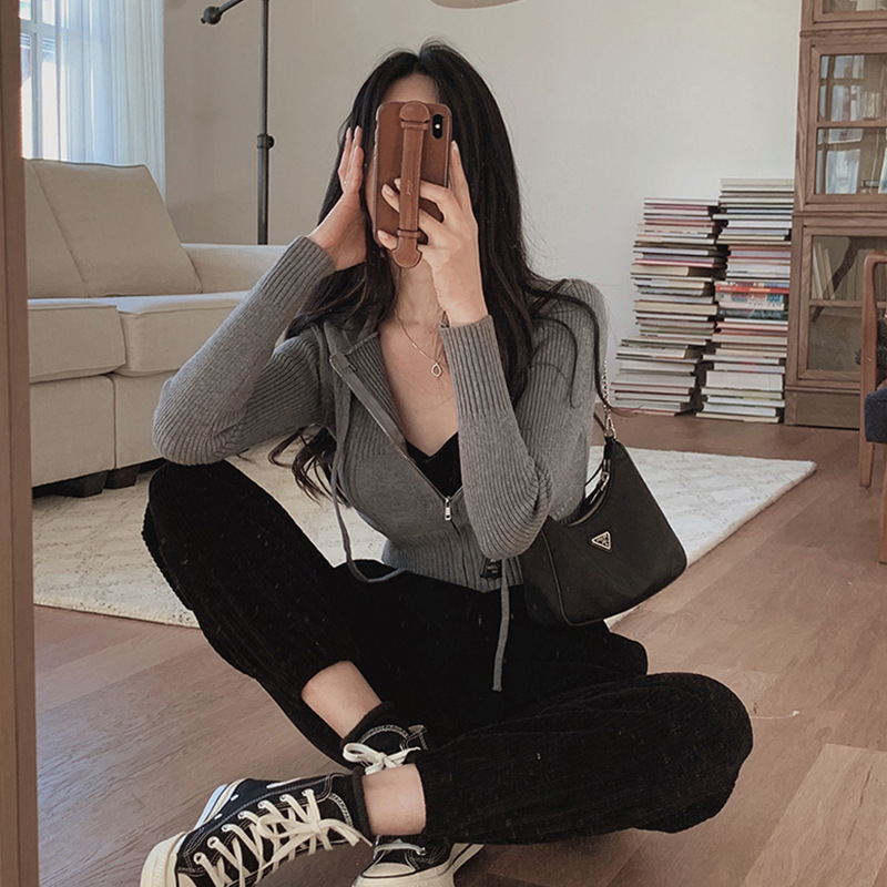 South Korea Dongdaemun New Slim-fit Slimming Sexy Tight Waist Long-sleeved Short Navel Hooded Wool Sweater Top for Women
