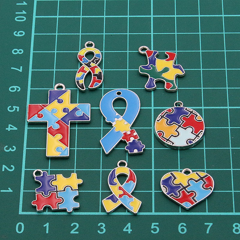 Picture of 8 Styles, 2 Colors DIY Alloy Jewelry Contrasting Color Puzzle Autism Pendant Round Heart Puzzle Asymmetrical Pendant