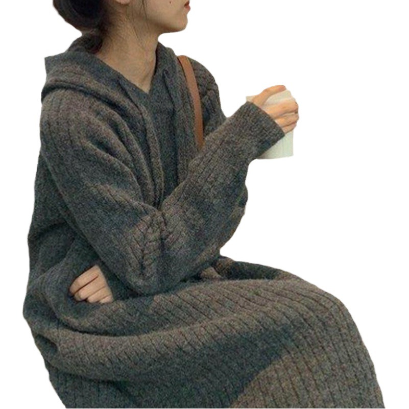 Hooded sweater dress women's new autumn and winter loose lazy style slimming casual mid-length over-the-knee knitted skirt