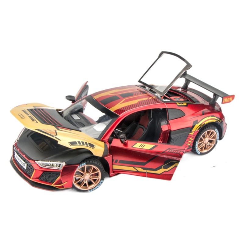 Jianyuan alloy car 1:24 Audi R8 Iron Man painting children's toy car model sound and light pull back sports car model