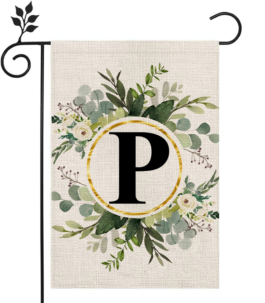 Picture of Simple ins style 26 letters + green plant printed linen garden flag surname initials courtyard door flag