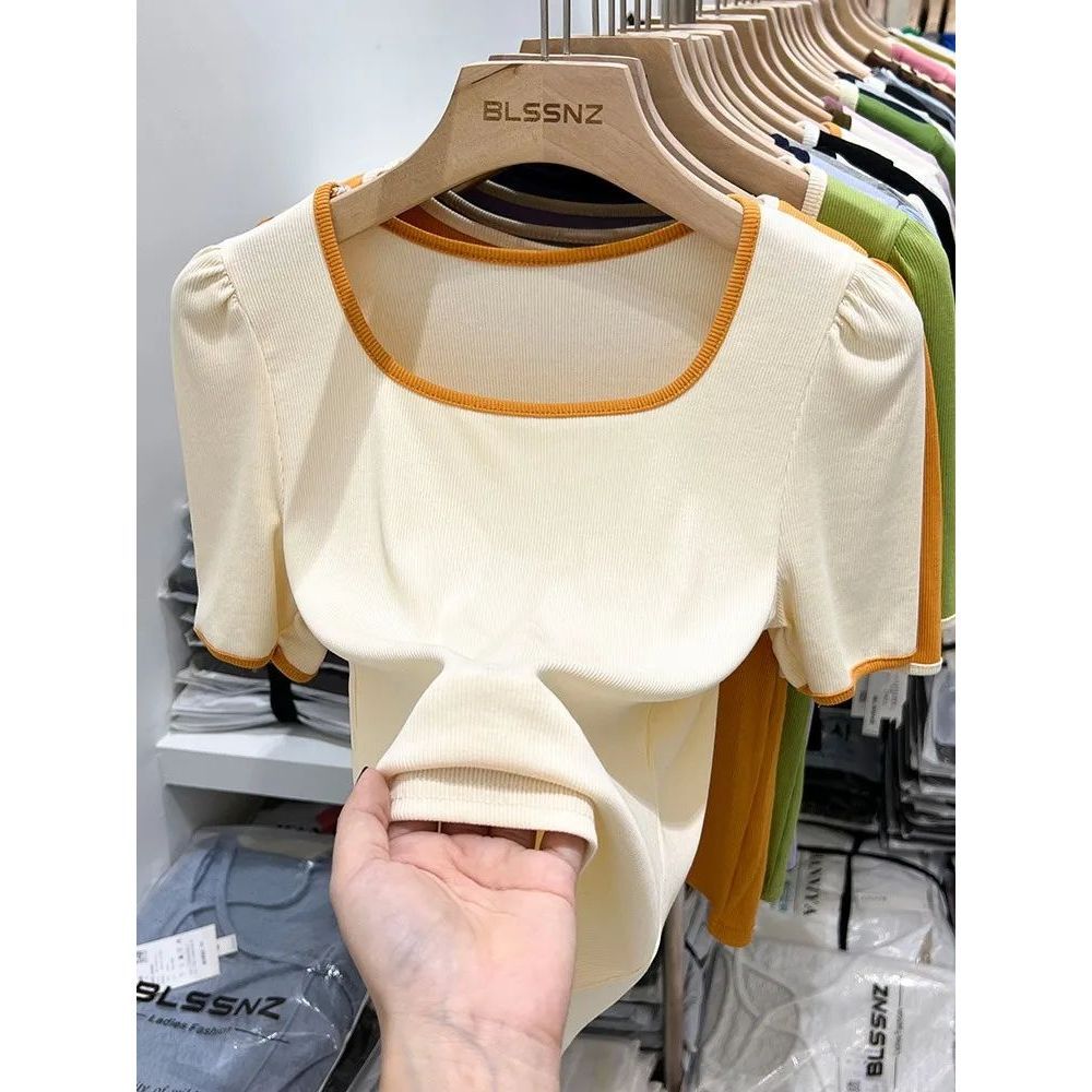 Shoulder Short-sleeved T-shirt Women's 2025 New Summer Clavicle Square Collar Small Shirt Short French Puff Sleeve Top Trendy