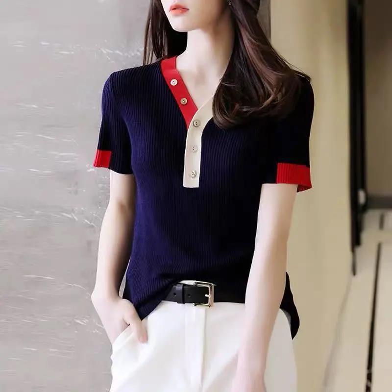 2021 Ice Silk Knitted Sweater Women's Short-sleeved Summer Thin Contrast V-neck Stretch Striped T-shirt Pullover Slimming Top Trendy