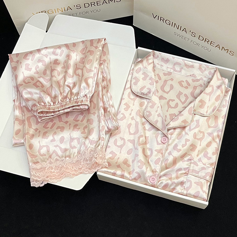 Cross-border summer ice silk pajamas women's lapel cardigan sexy pink leopard casual home clothes suit real shot wholesale