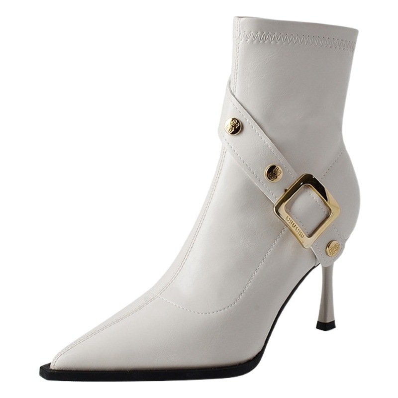 8288-7 European and American Fan Fashion High-heeled Thin-heeled Boots Women's Pointed Side Zipper Belt Buckle Rivet Personality Single Boots Tide