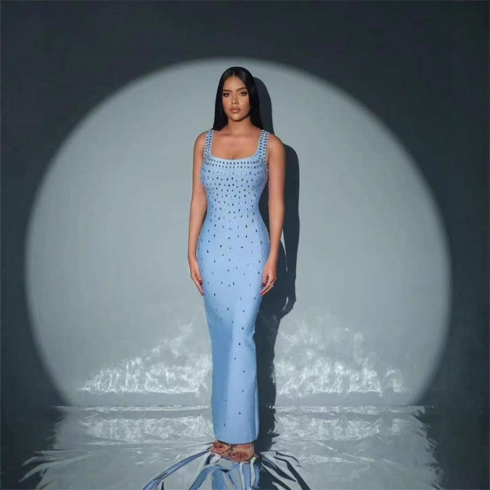 Foreign Trade Fashion Sexy Backless Diamond V Sling Slim Fit Bandage Long Hip dress Evening Dress
