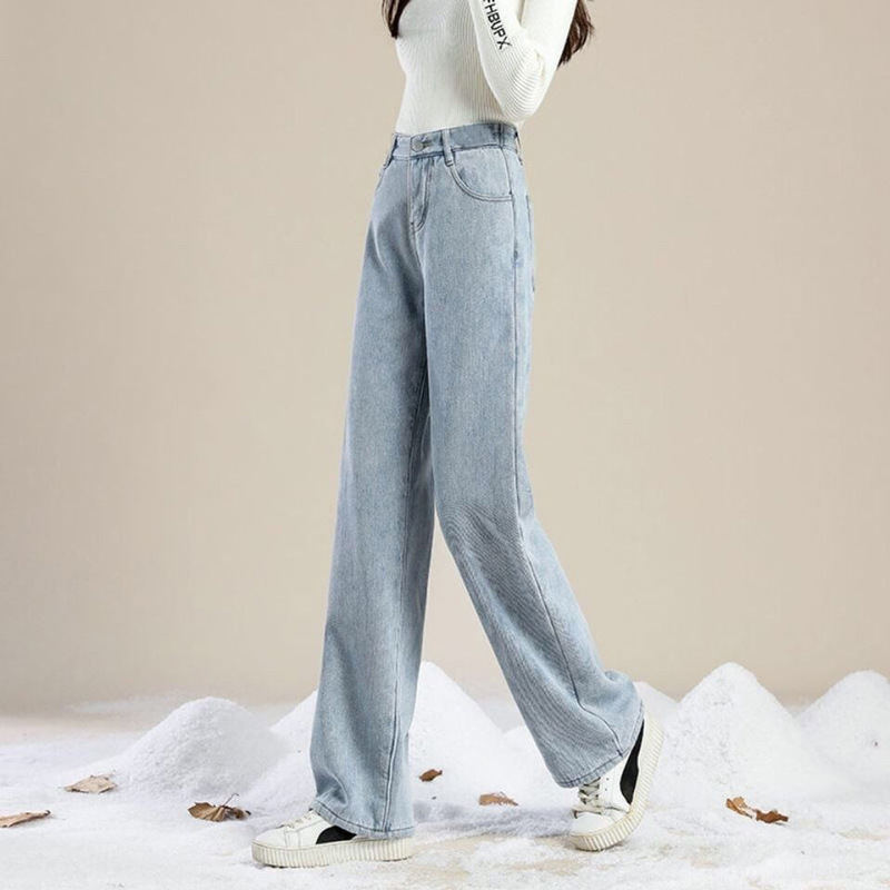 Picture of Fleece-Lined Wide-Leg Jeans Women's Autumn and Winter Warm High Waist Large Size Loose Thickened Straight Dropping Pants
