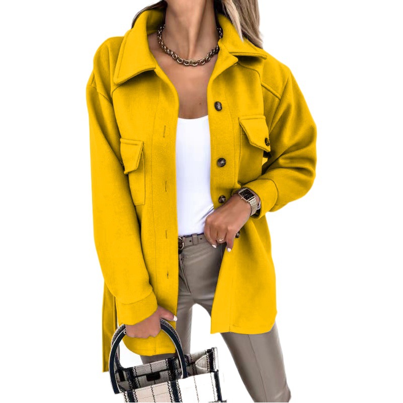 Europe and the United States cross-border autumn and winter lapel single-breasted thick solid color shirt wool loose coat female manufacturers direct supply