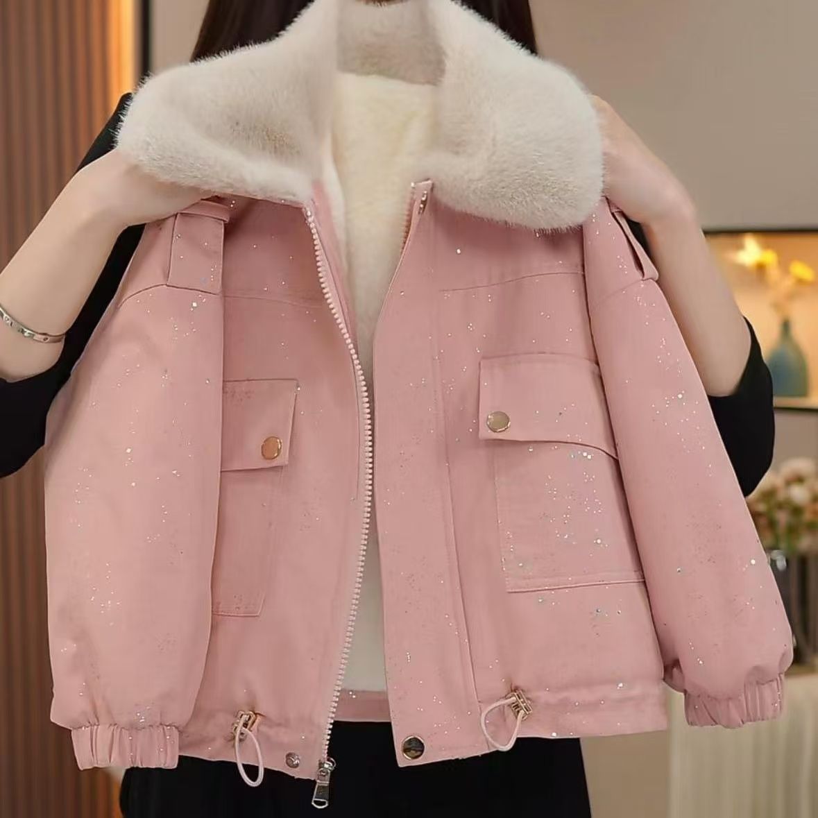Girls' Fleece-Lined Jacket Autumn and Winter 2024 New Big Children's Thickened Purple Cotton-Padded Coat Children's Western Style Winter Clothing Pike Clothing
