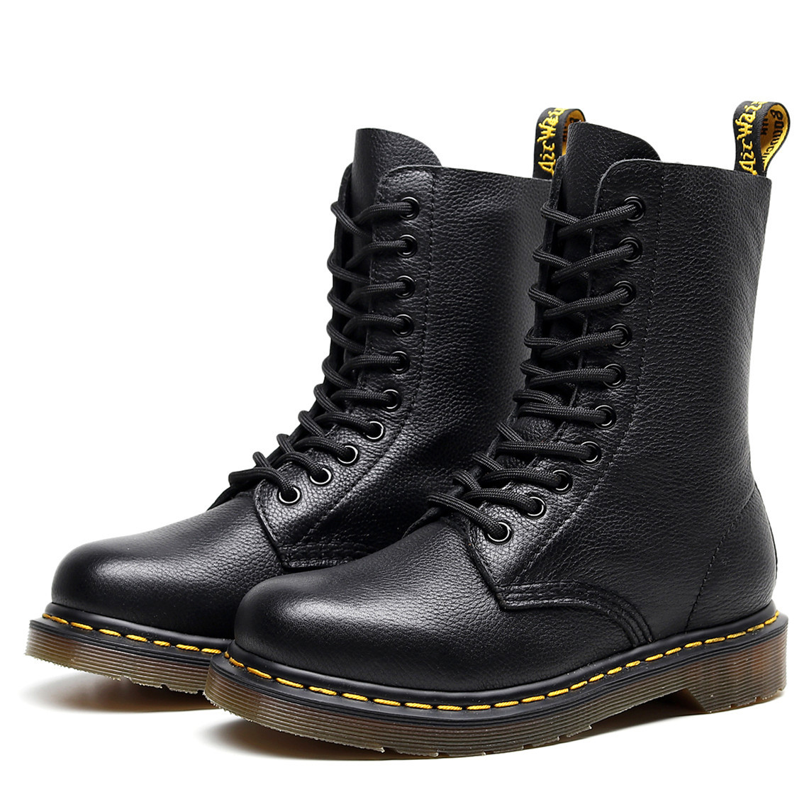 Foreign Trade Live Selling Autumn and Winter New High-top 10-hole Tooling Boots Litchi Pattern Genuine Leather Women's Round Toe Loop Shoes
