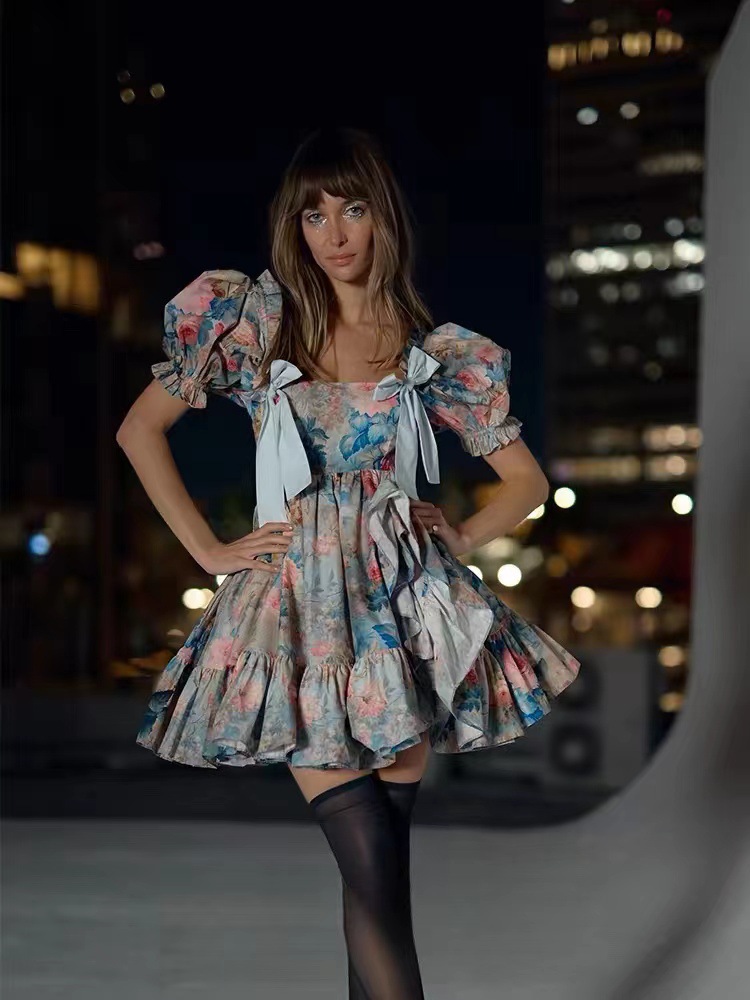 2024 Summer new square collar short sleeve bow tie fluffy printed short dress women