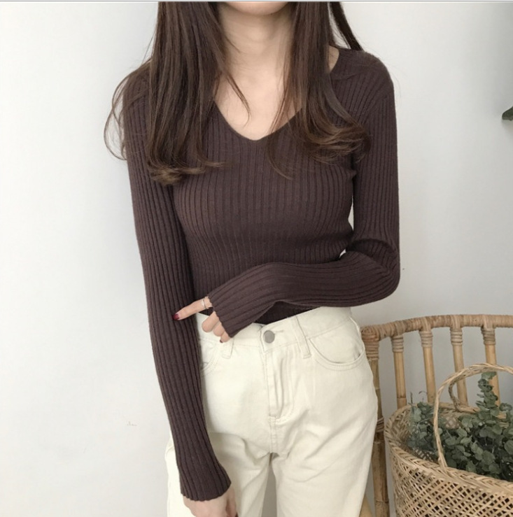 Picture of 2024 Korean Style V Neck Core-Spun Yarn Slimming Look Knitted Long-Sleeved Slim Tight Warm Bottoming Shirt Top Sweater for Women