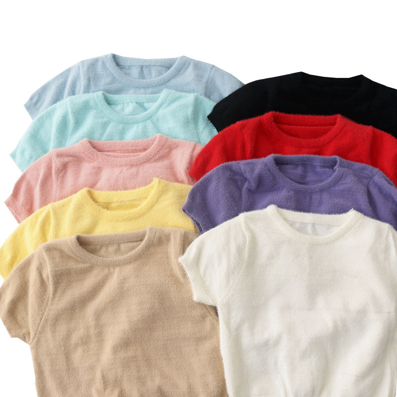 Summer New Niche Design Sense Imitation Mink Wool Knitted Short-sleeved Simple All-match Round Neck Slim-fit Short Top for Women