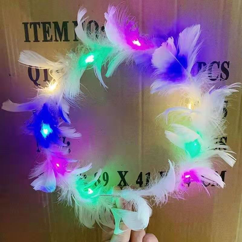Picture of New 14 lights fox fur lengthened rabbit ears hairband luminous feather wreath night market ground push flash headdress gift