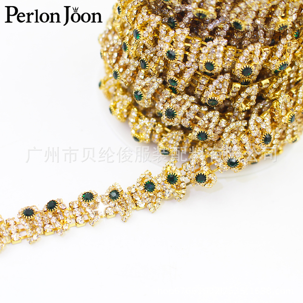 Foreign trade hot gold chain emerald green glass rhinestone decoration metal diamond chain dress shoes clothing accessories
