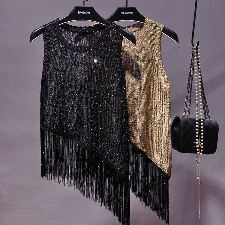 Korean-style 2019 New Summer Sequin Tassel Vest Gold Line Small Strap Outer Wear Sleeveless Knitted Beaded Top for Women