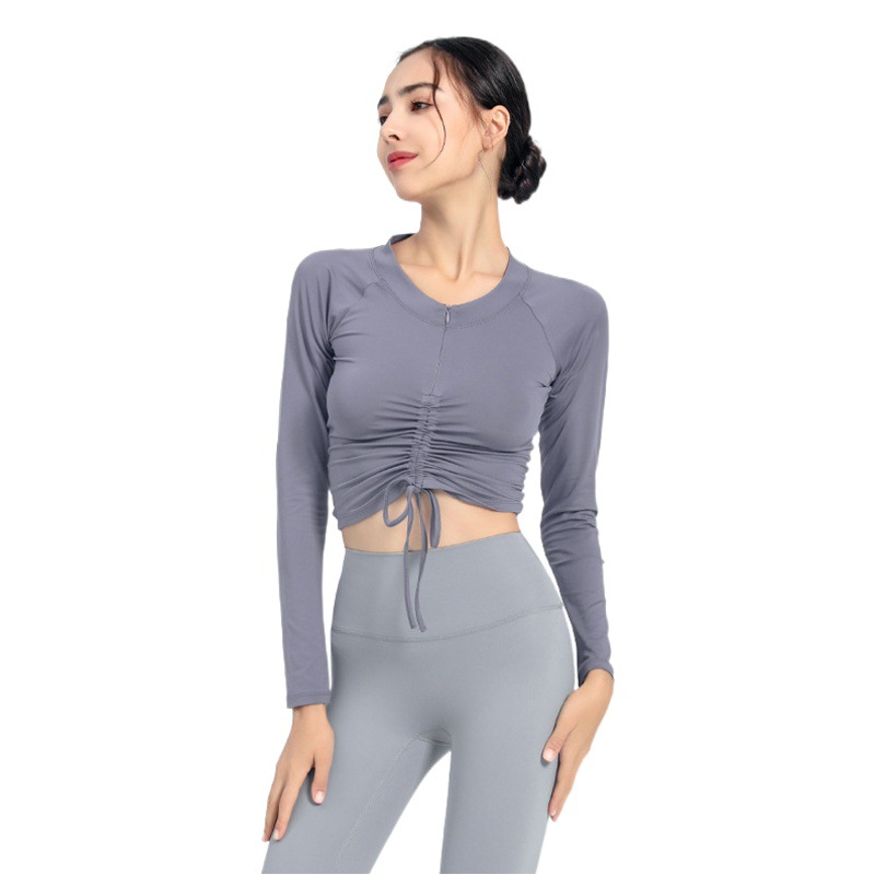 Half Zip Drawstring Yoga Suit Women's Tight Top Sports Yoga Jacket Training Running Fitness Suit Long Sleeve