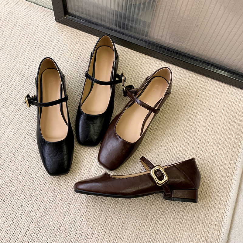 Elegant Square Toe Flat Single-layer Shoes Women's 2025 Spring New French Style Metal Buckle Mary Jane Shoes Shallow Mouth commuter Shoes for Women