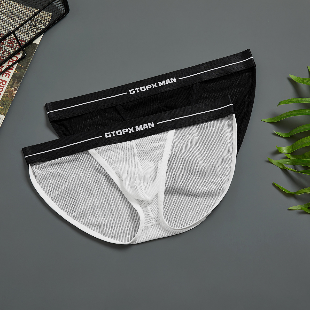 GTOPX men's striped ice silk transparent thin mesh U convex low waist breathable mesh sexy briefs underwear