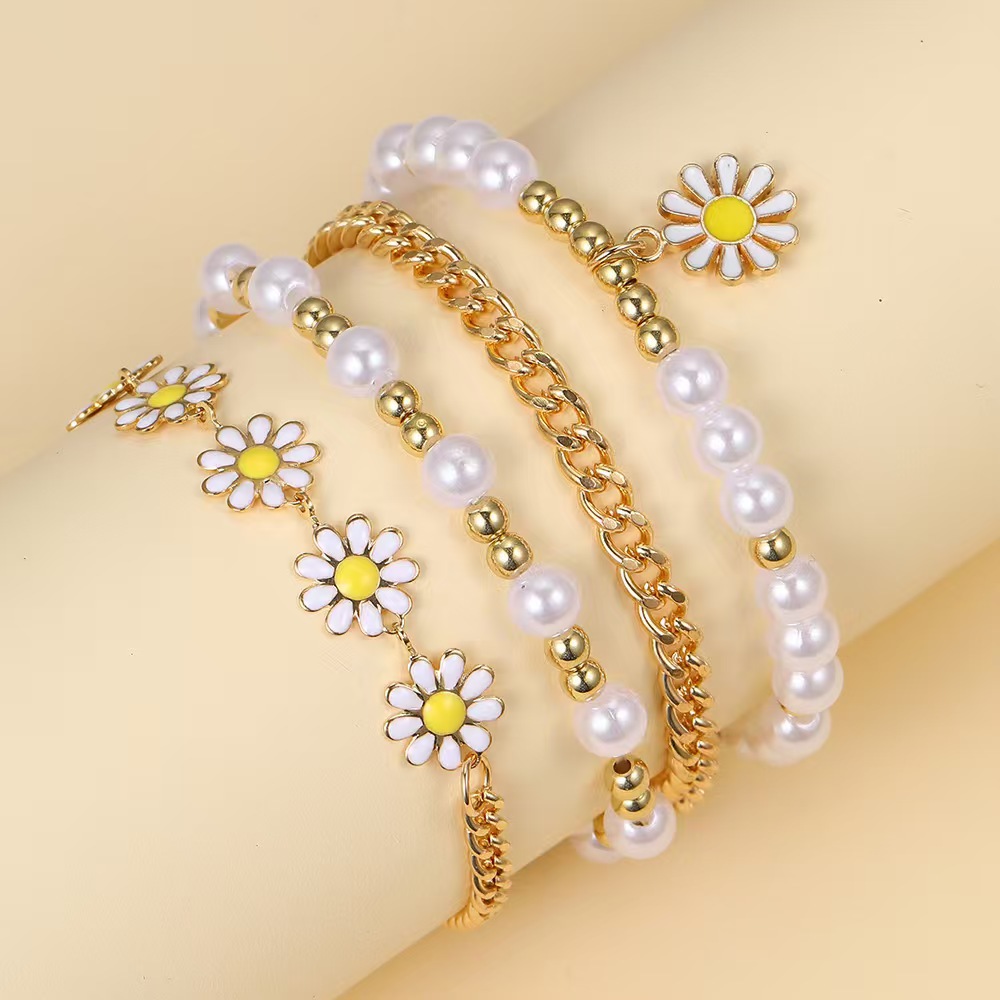 Cross-Border New Small Gold Bead Pearl Bracelet Set 4-Piece Creative Bohemian Beach Daisy Bracelet for Women