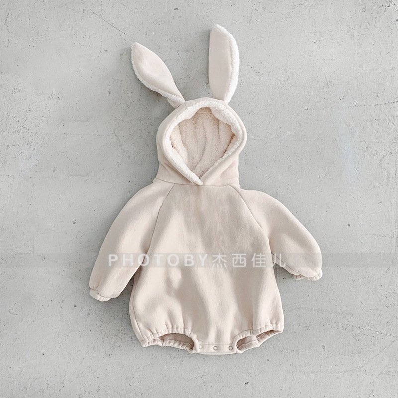 Ins Korean-style baby boys and girls winter jumpsuit cute rabbit ears fleece sweater hooded fart crawling suit