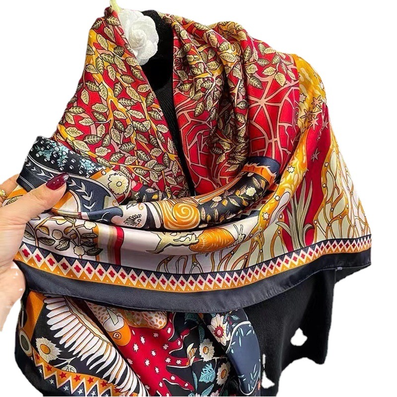 New 110 x 110 large square scarf life tree satin printed silk scarf Li brocade forged imitation silk turban wholesale women