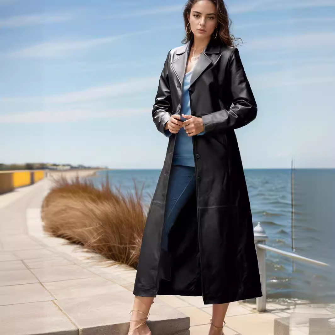 New Cross-border European and American Women's Leather Coat with Button Long Coat Slim-fit Slim-fit plus size Leather Coat