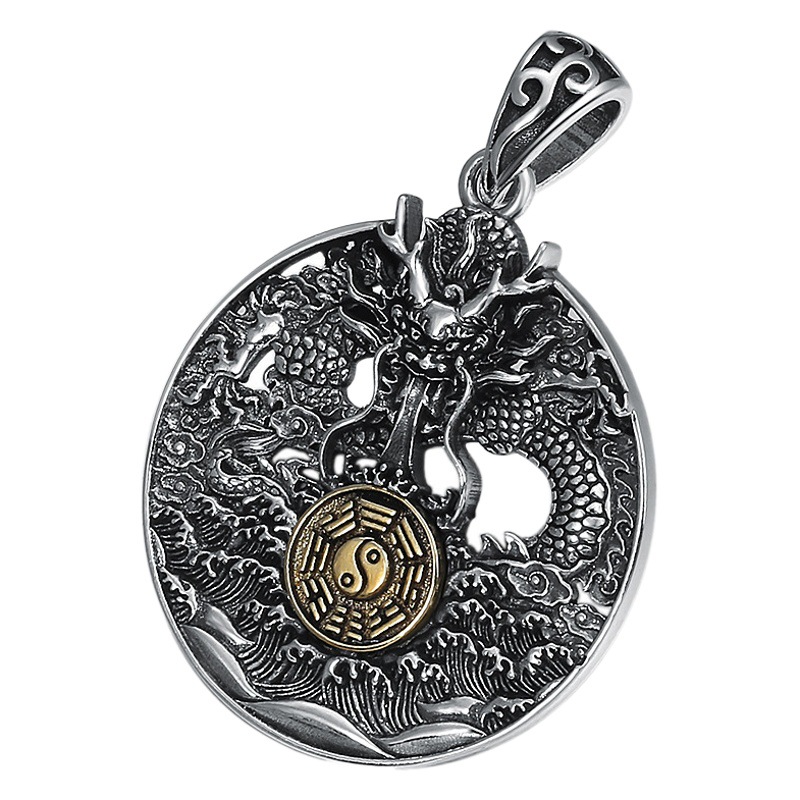 Silver Source sterling silver retro nine palace gossip hollow round pendant men and women all-match Thai silver craft dragon pendant
