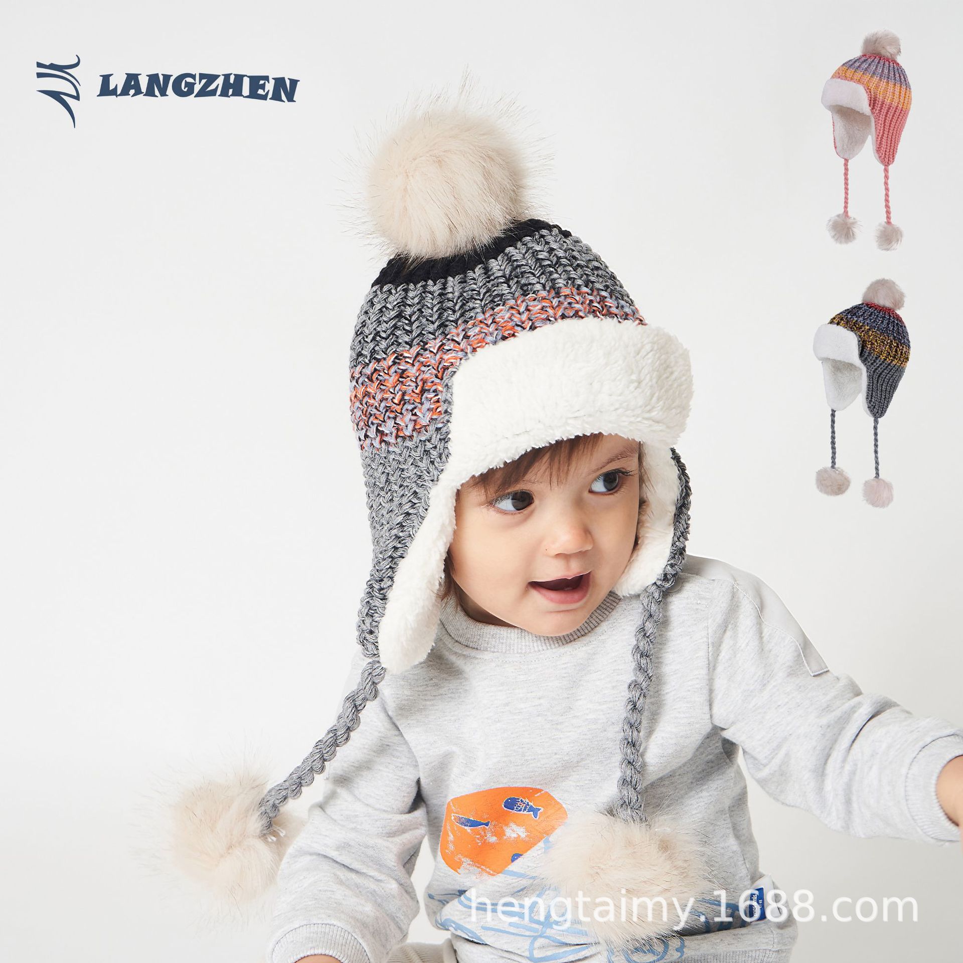 Cross-Border Children's Ear Protection Hat for Autumn and Winter, Baby Knitted Hat with Plush Pom-Poms, Girls' Woolen Hat, Warm Infant Hat