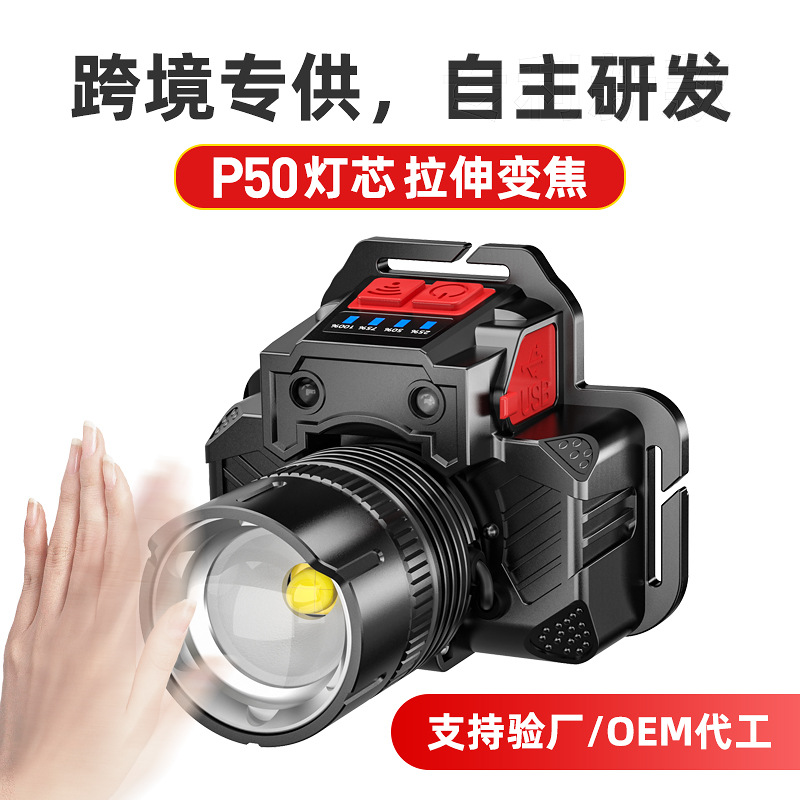 Cross-border new laser outdoor charging convenient head lamp telescopic zoom fishing work lamp bright headlight