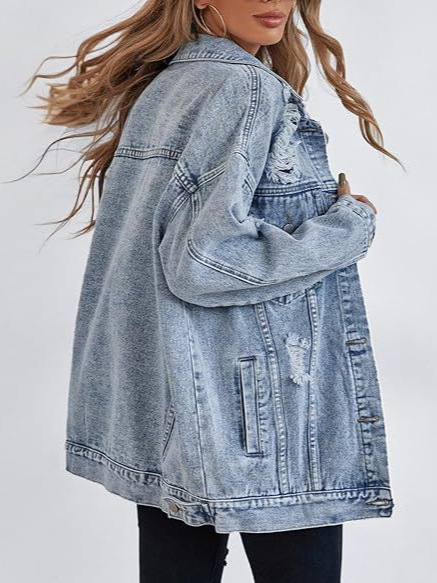 Picture of Cross-border Amazon TEMU Women's New Oversized Denim Jacket Boyfriend Ripped Dressed Denim Jacket Coat Women